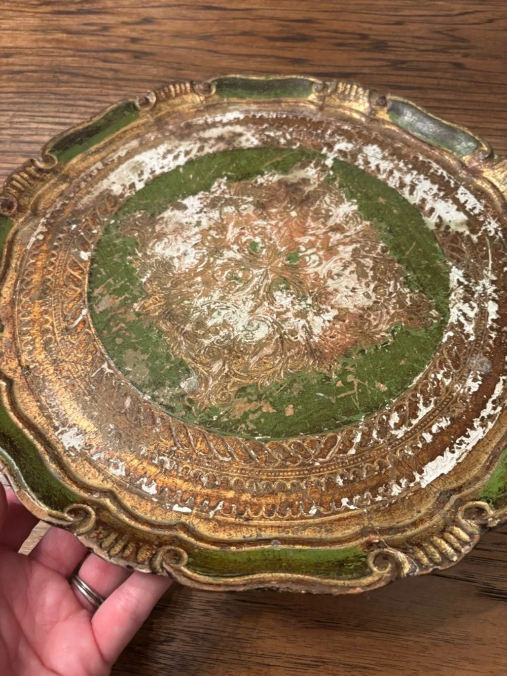 Vintage Italian Florentine Gilt Tray Green Gold Ornate Rococo Tole Style 13”